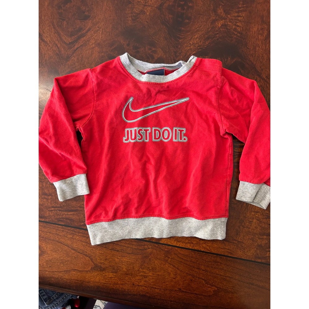Nike Toddler Boys Red Just Do It Swoosh Crewneck Sweatshirt 24M Snap Shoulder